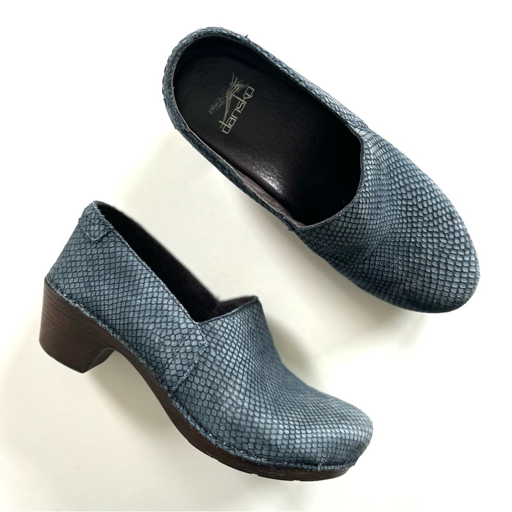 Dansko Mavis Blue Snake Print Nubuck Leather Clogs
